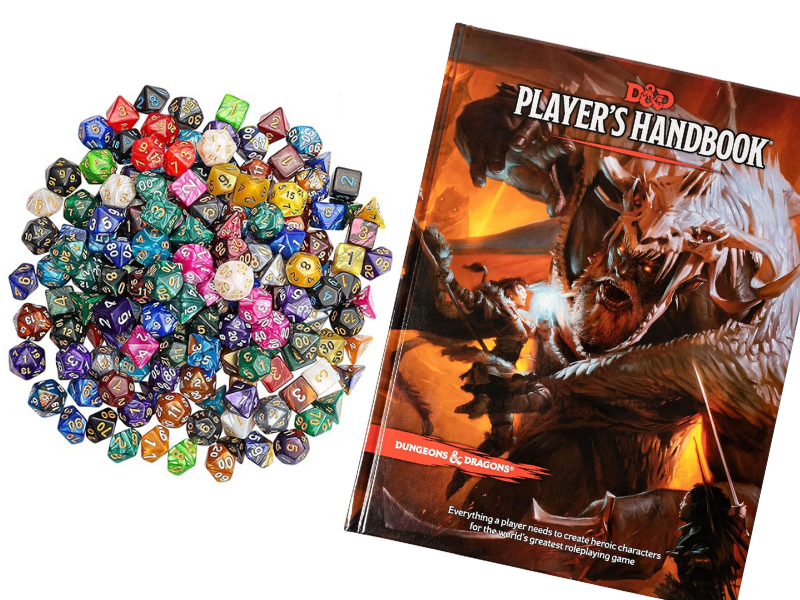 Dungeons & Dragons handbook and game pieces