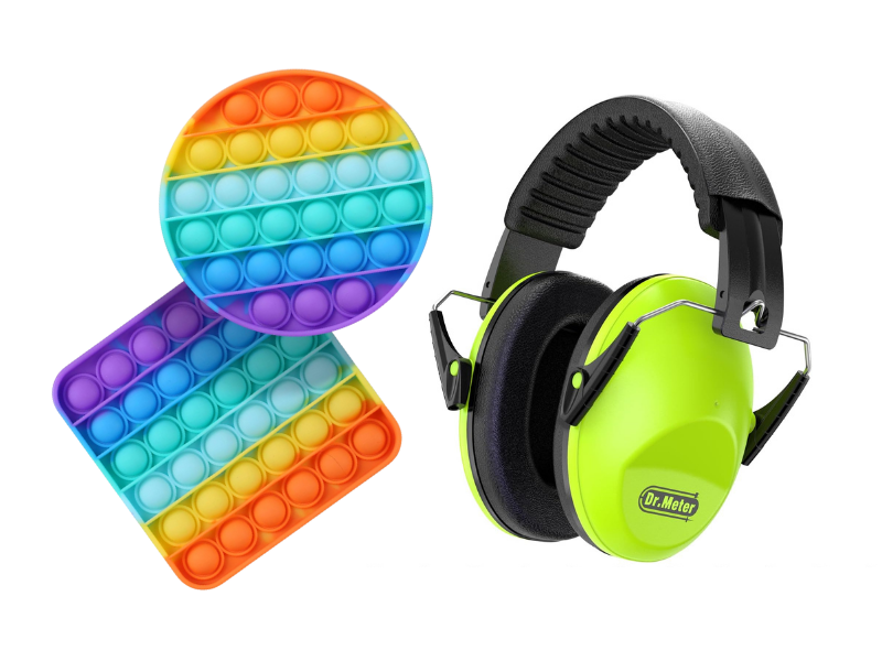 Sensory Kit library of things including pop-its and headphones