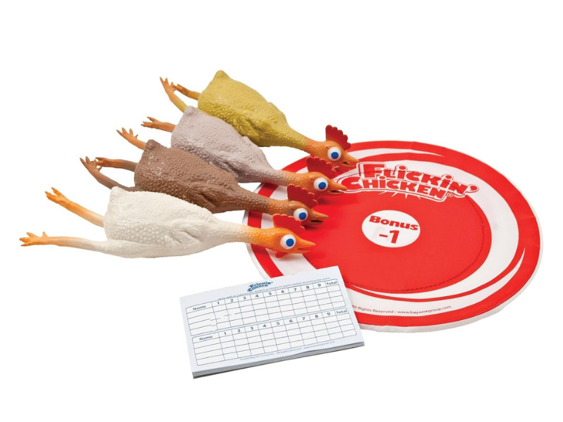a Flickin Chickens set with four rubber chickens and a disc