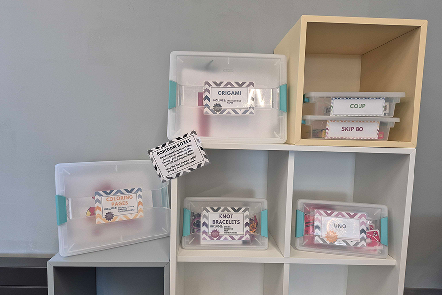 Boredom Boxes with various kits in clear plastic bins