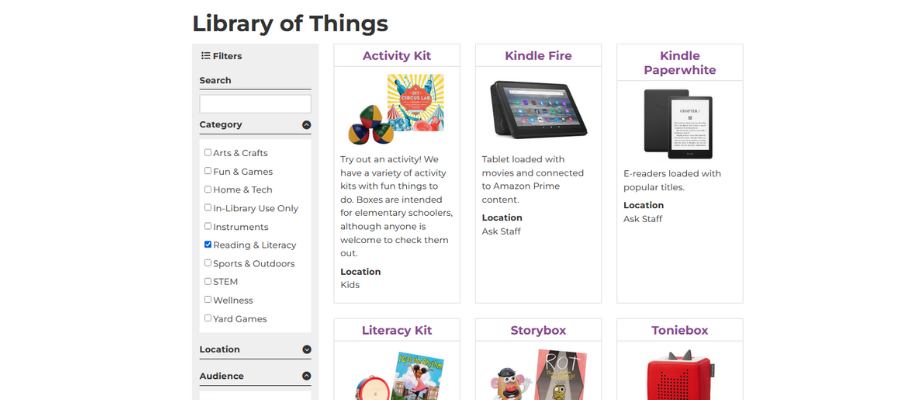 Sortable view for Library of Things with "Reading and Literacy" checked