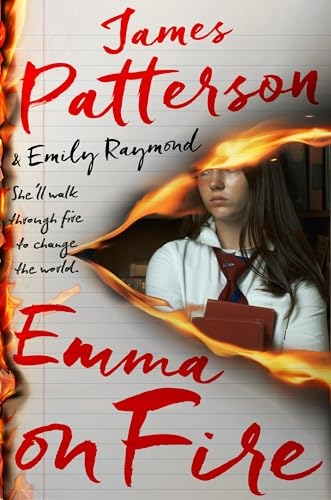 A book cover with a burning page revealing a girl holding books