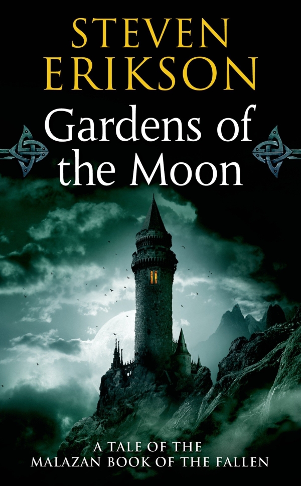 A tower against a cloudy sky, cover art for the book Gardens of the Moon