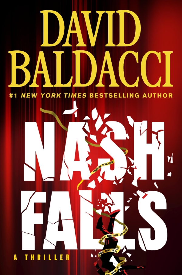 A red book cover with a person wrapped in crime scene tape falling