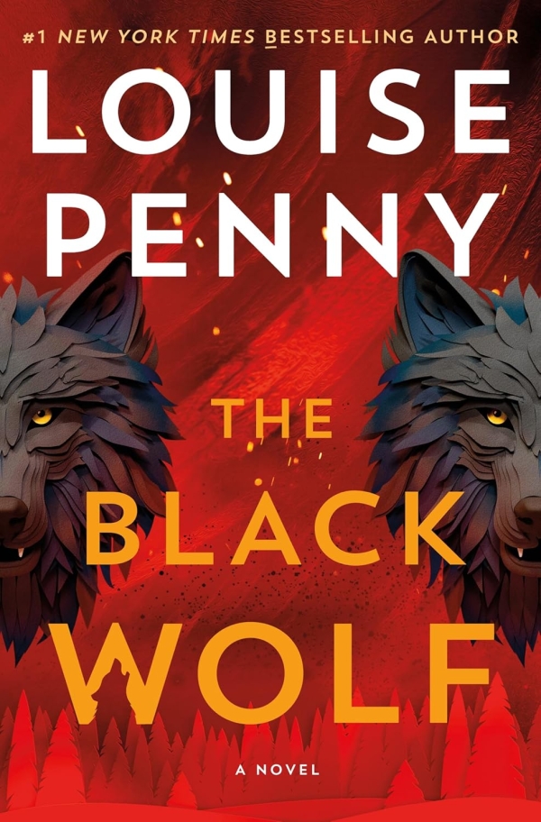 A red book cover with two wolves on it