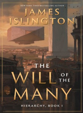 A ship flying through a city