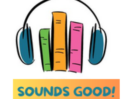 Three book spines with headphones and the words "SOUNDS GOOD" underneath the picture