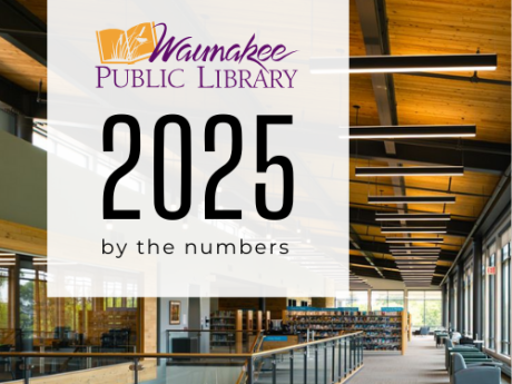 Photo of library second floor with text "2025 By the Numbers"