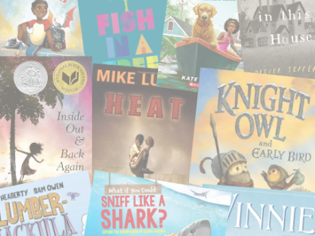 Faded covers for several books layered over top one another