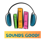 Three book spines with headphones and the words "SOUNDS GOOD" underneath the picture