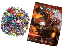 Dungeons & Dragons handbook and game pieces