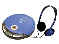 a blue portable CD player with headphones