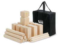 a Kubb set with wooden blocks and batons