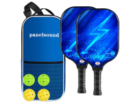 two pickleball paddles and four balls