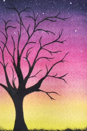 Watercolor background with a black tree in the foreground 