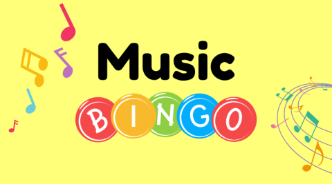 Music Bingo in colorful text with music notes