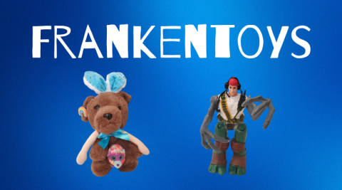 the word Frankentoys above two toys with various non-original body parts