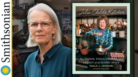 Author Paula Johnson next to cover image for "Julia Child's Kitchen"