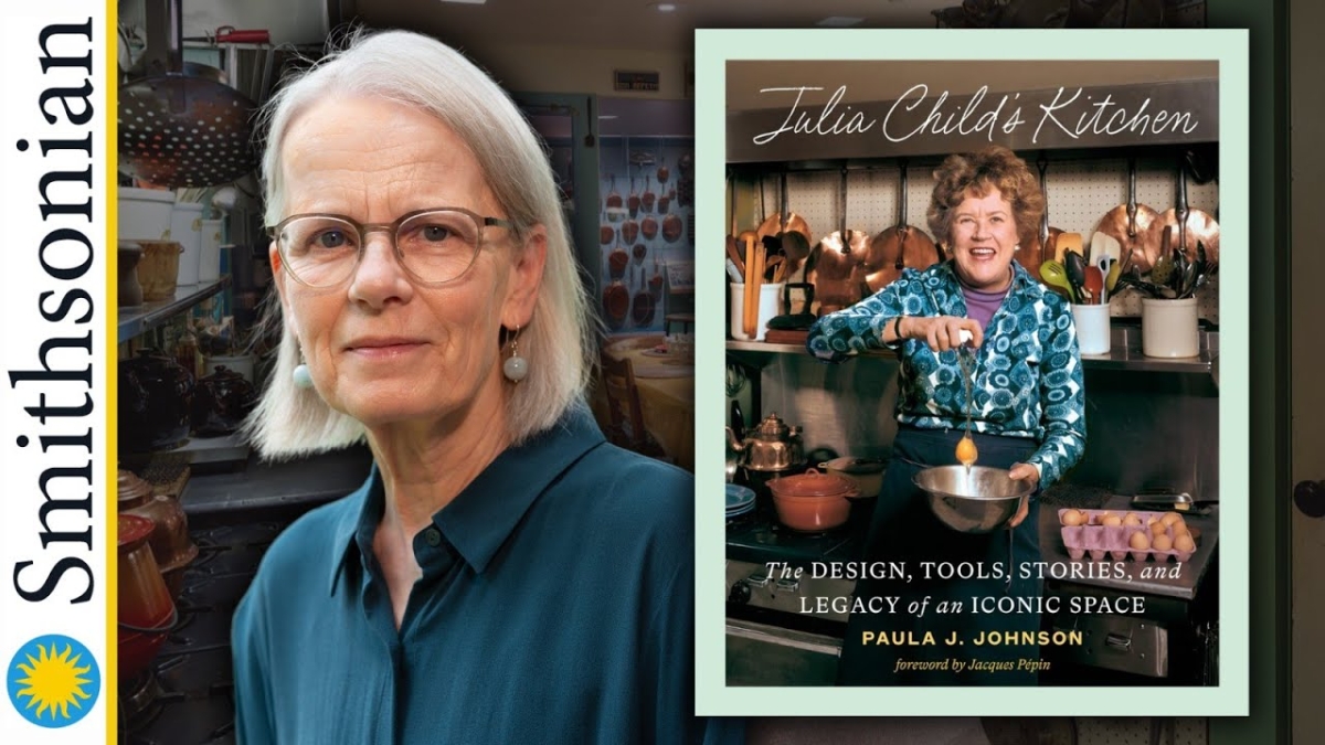 Author Paula Johnson next to cover image for "Julia Child's Kitchen"