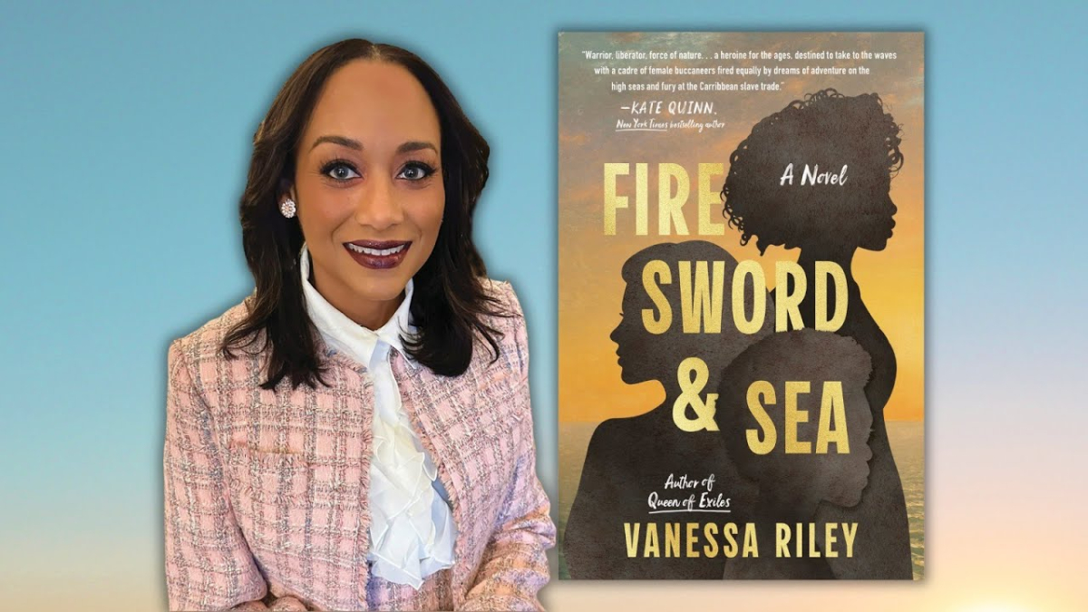 Vanessa Riley and cover of her book, "Fire, Sword, and Sea"