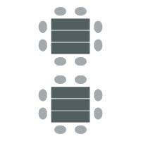 Three tables pushed together to create a larger space to seat up to eight. 