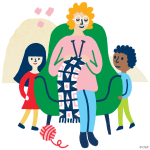 adult knitting with two kids