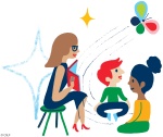 two children and an adult reading a book